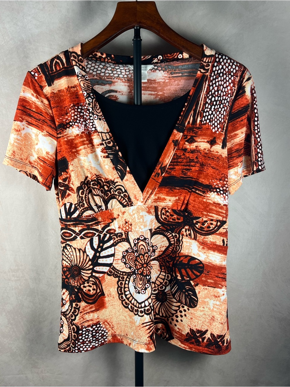 Dressbarn Orange Abstract Floral Layered Stretch Top M